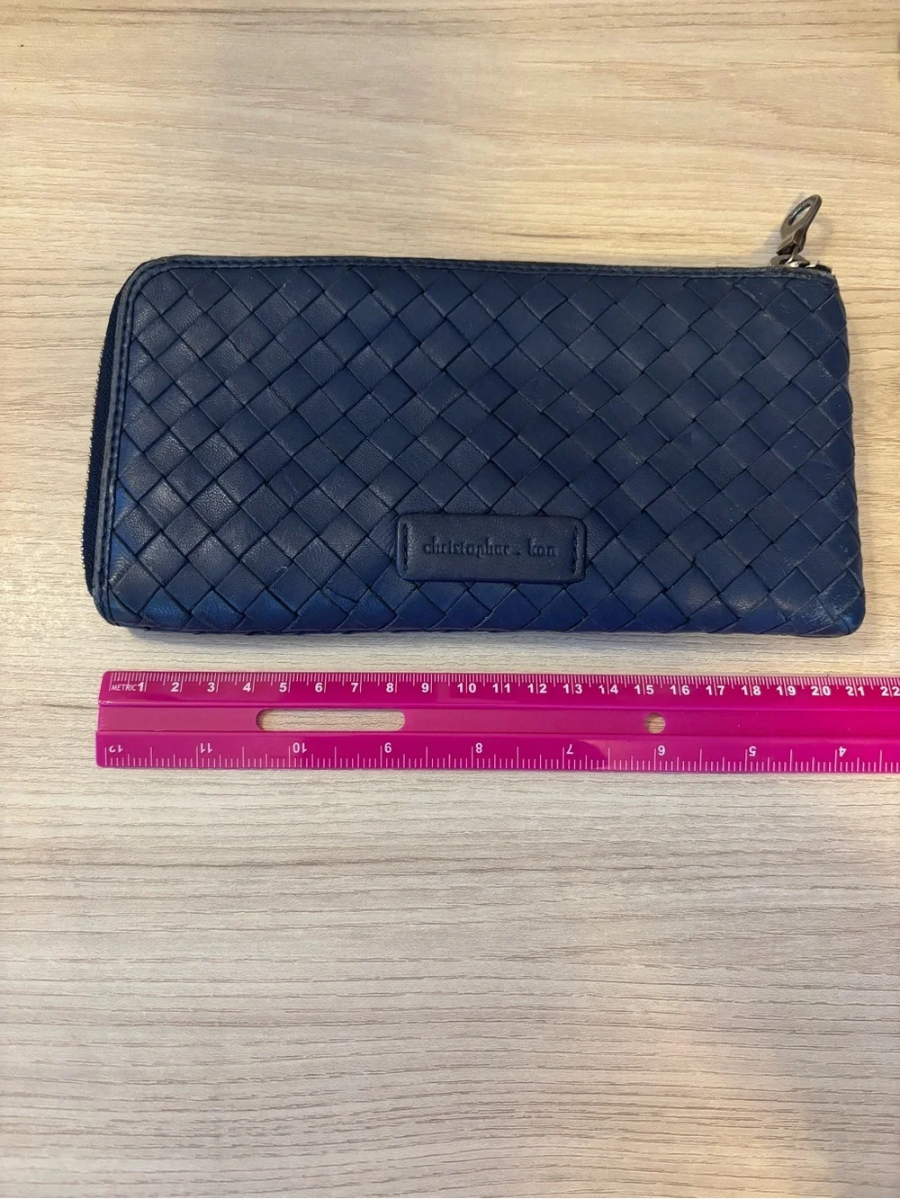 Christopher Kon Navy Woven Leather Zip Wallet